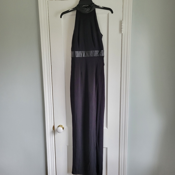 Black mock neck floor length dress with slit and leather detail - Picture 1 of 4